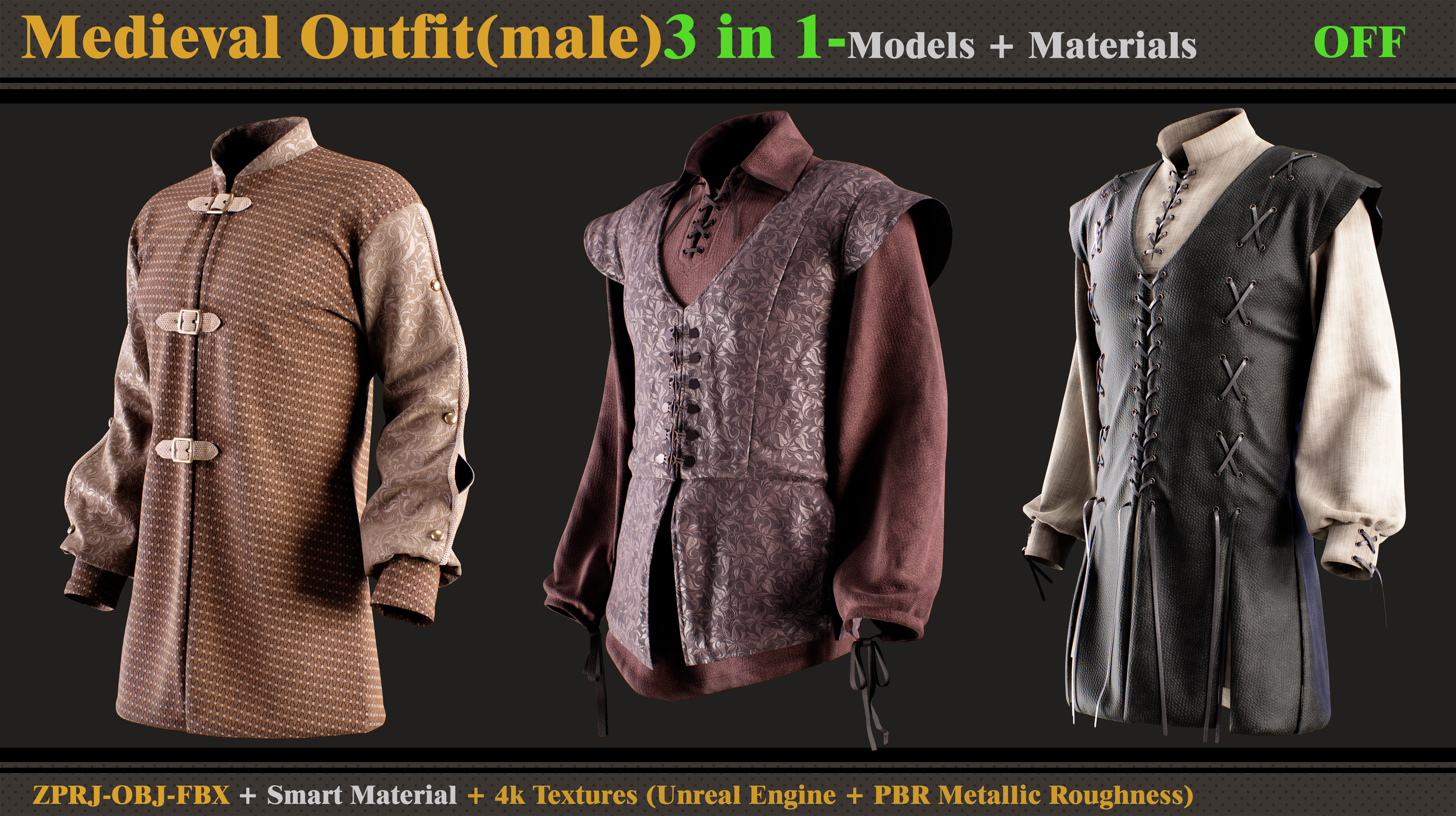 3 in 1 Medieval Outfit-Clo3d-OBJ-FBX -Smart Material - Textures 3D model