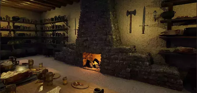 Cozy Medieval Tavern with Fireplace 3D model