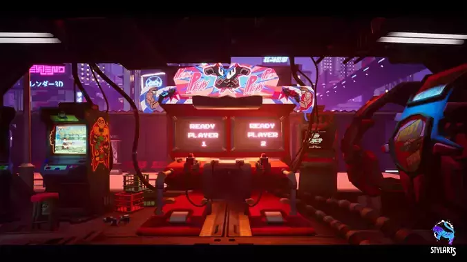 Stylized Cyberpunk Arcade Environment Low-poly 3D model