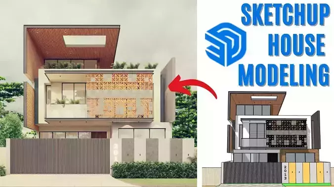 36x75 FT Modern House Design Sketchup Tutorial exercise file Free 3D model