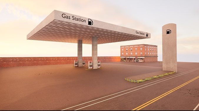 Gas Station Realistic 3d Model with road on FRONT Free low-poly 3D model