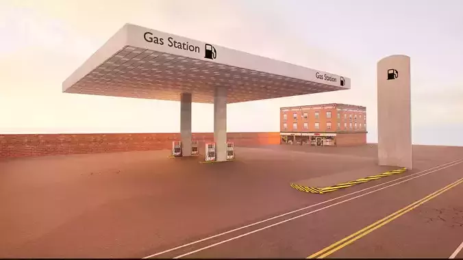 Gas Station Realistic 3d Model with road on FRONT