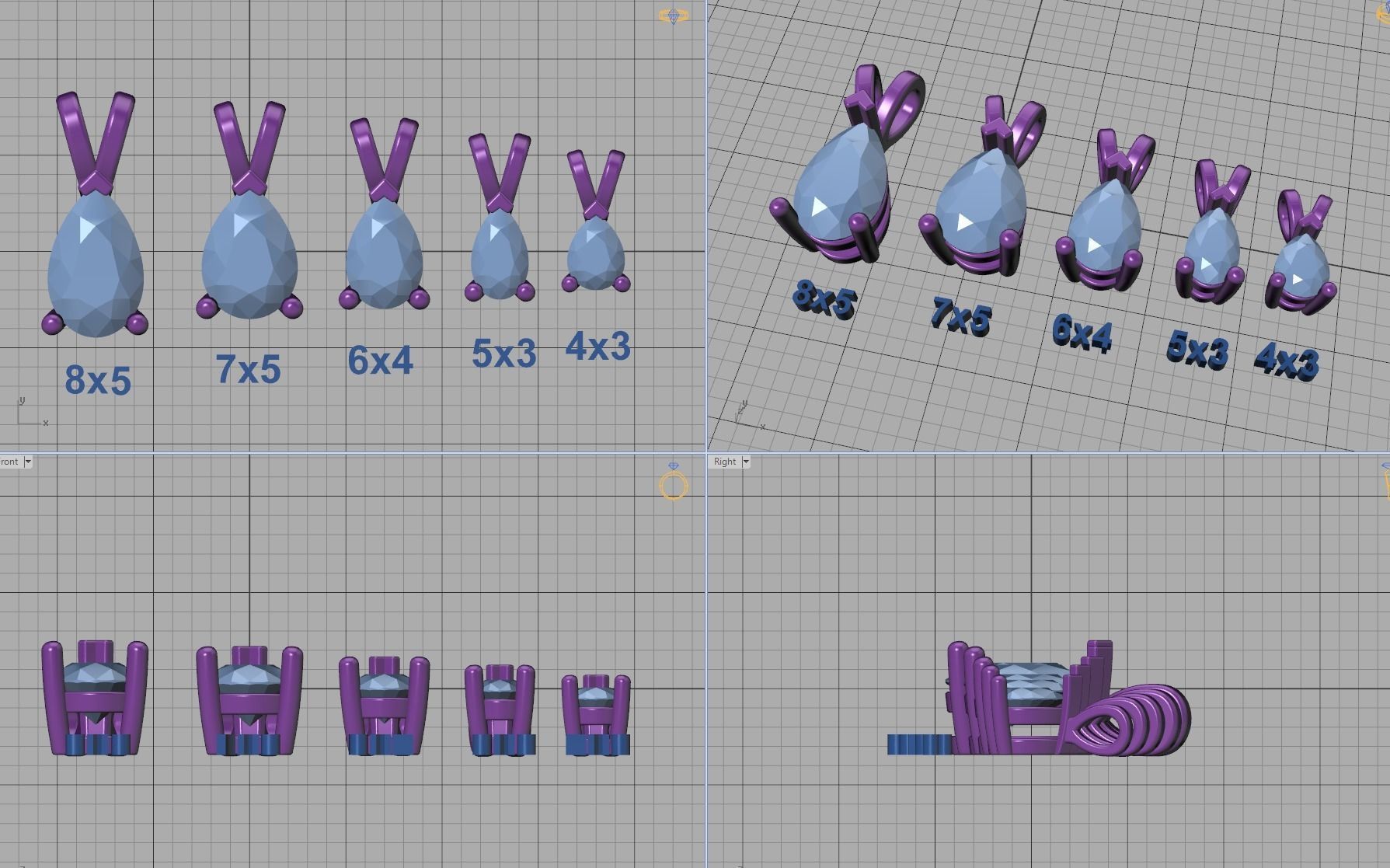 Pear Solitaire Pendants 8x5 7x5 6x4 5x3 4x3 Gems Necklaces 3D print model_11