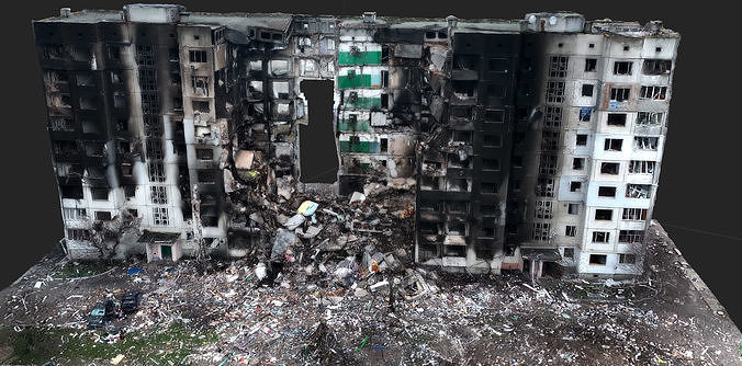 ukraine war house destroyed drone scan FREE Free low-poly 3D model
