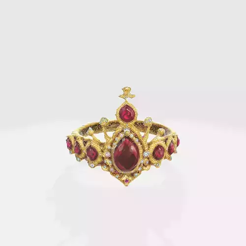 A gold Crown with red gemstones