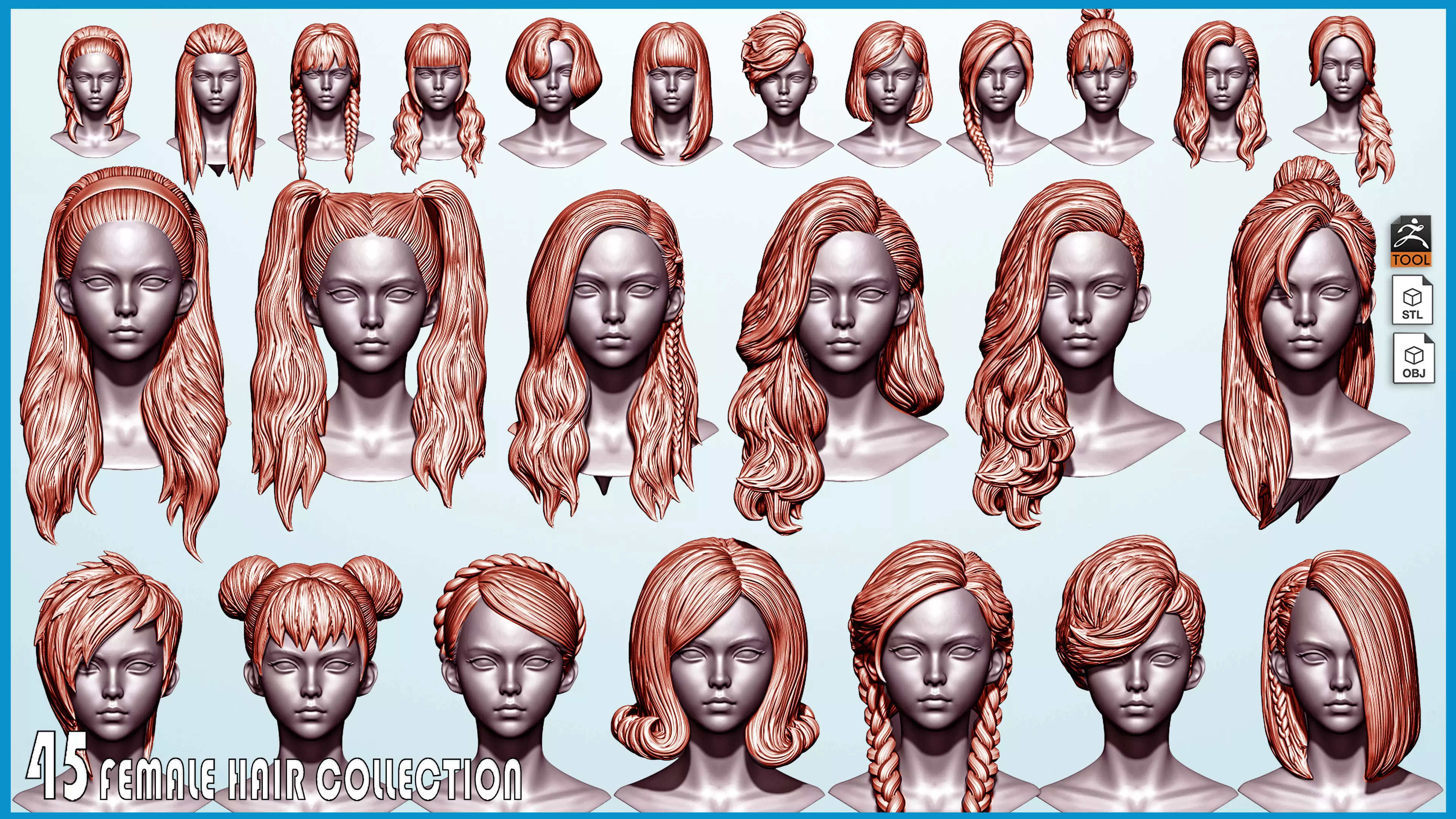 45 Female hair collection ZTL OBJ STL  3D model_0