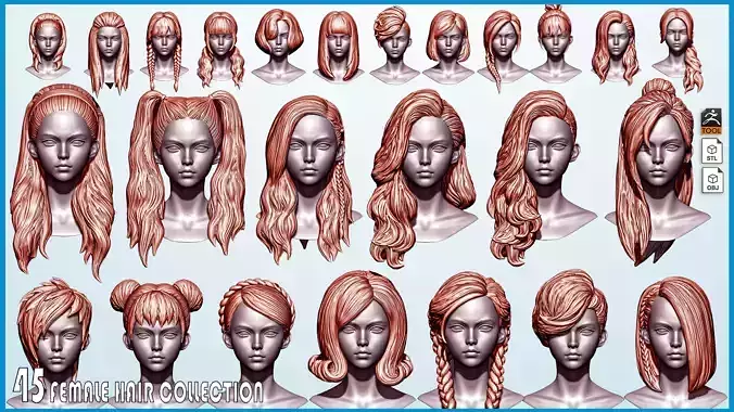 45 Female hair collection ZTL OBJ STL 