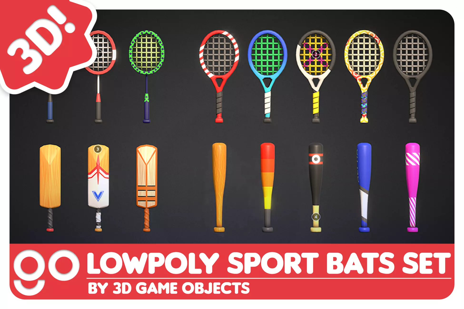Sport Bats Swing Set - Lowpoly Sport Pack Low-poly 3D model_0
