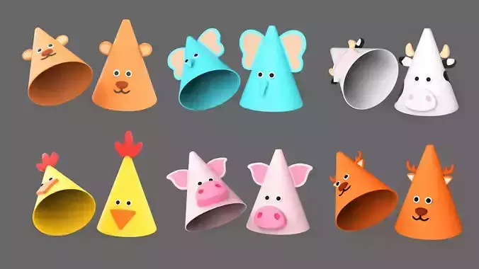 Funny Animal Birthday Hats for Childrens Collection 01 Low-poly 3D model