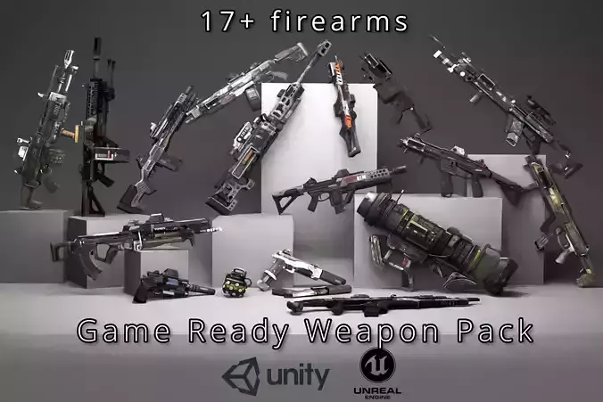 Firearm Weapon Pack Game Ready - 17 Guns Low-poly 3D model