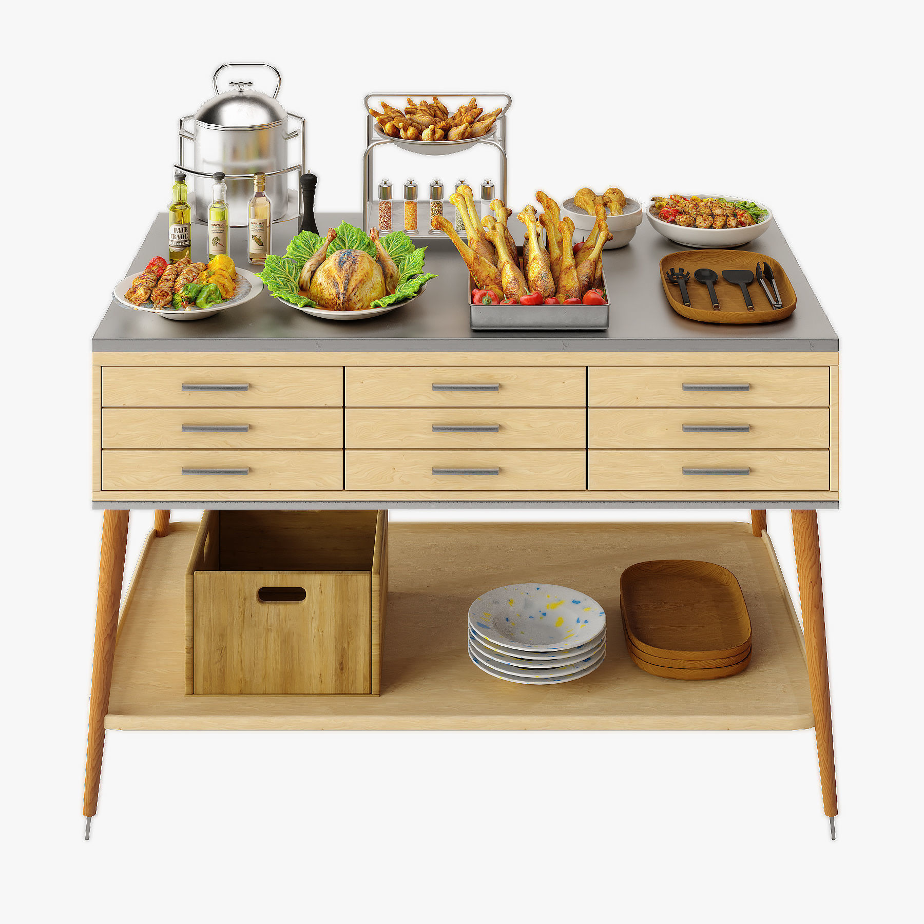 Food Serving Table with Poultry Dishes Low-poly 3D model_1