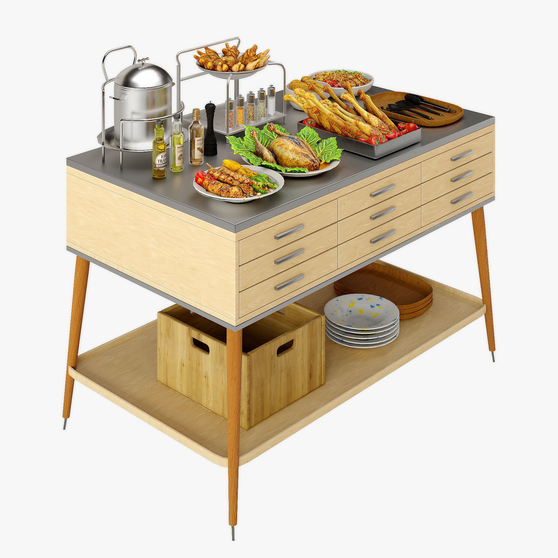 Food Serving Table with Poultry Dishes Low-poly 3D model_3