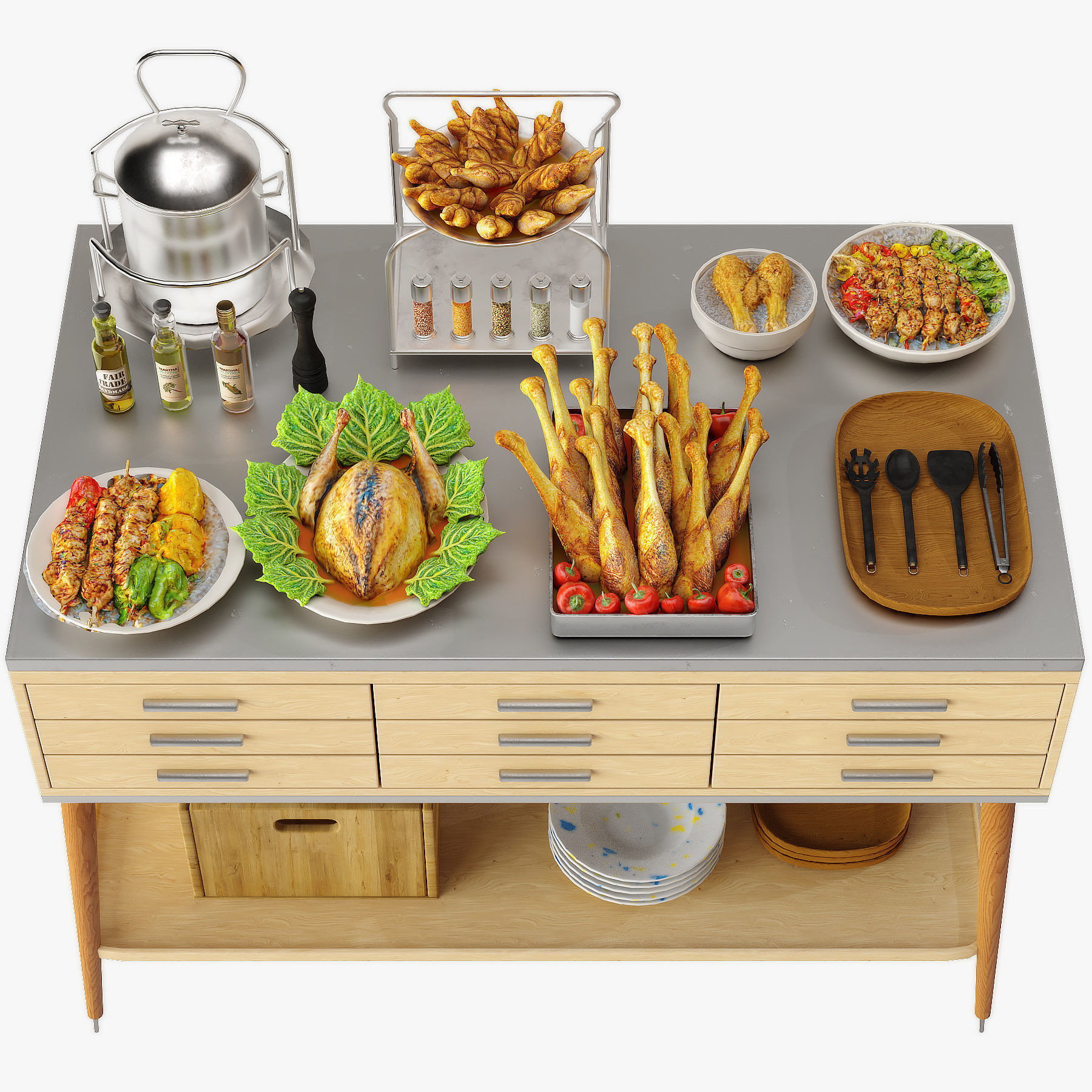 Food Serving Table with Poultry Dishes Low-poly 3D model_2