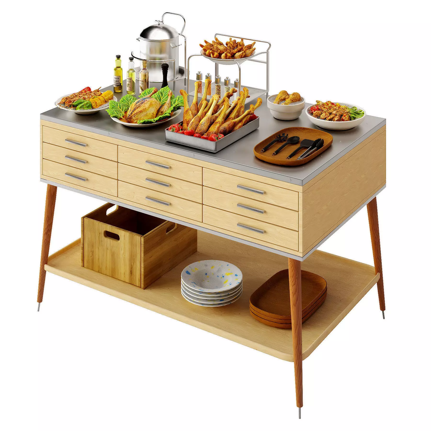 Food Serving Table with Poultry Dishes Low-poly 3D model_0