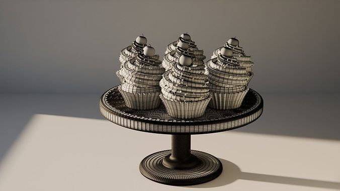Cupcakes with Pink and White Cream Star Sprinkles and Cherry 3D model 5