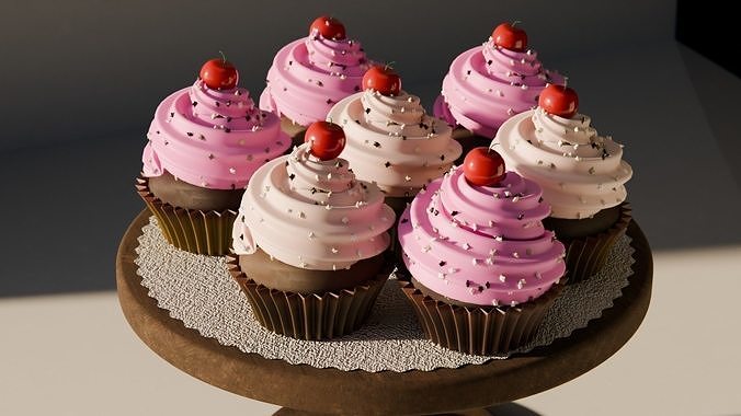 Cupcakes with Pink and White Cream Star Sprinkles and Cherry 3D model 2