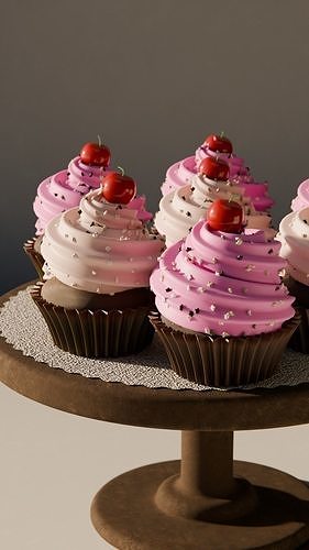 Cupcakes with Pink and White Cream Star Sprinkles and Cherry 3D model 3