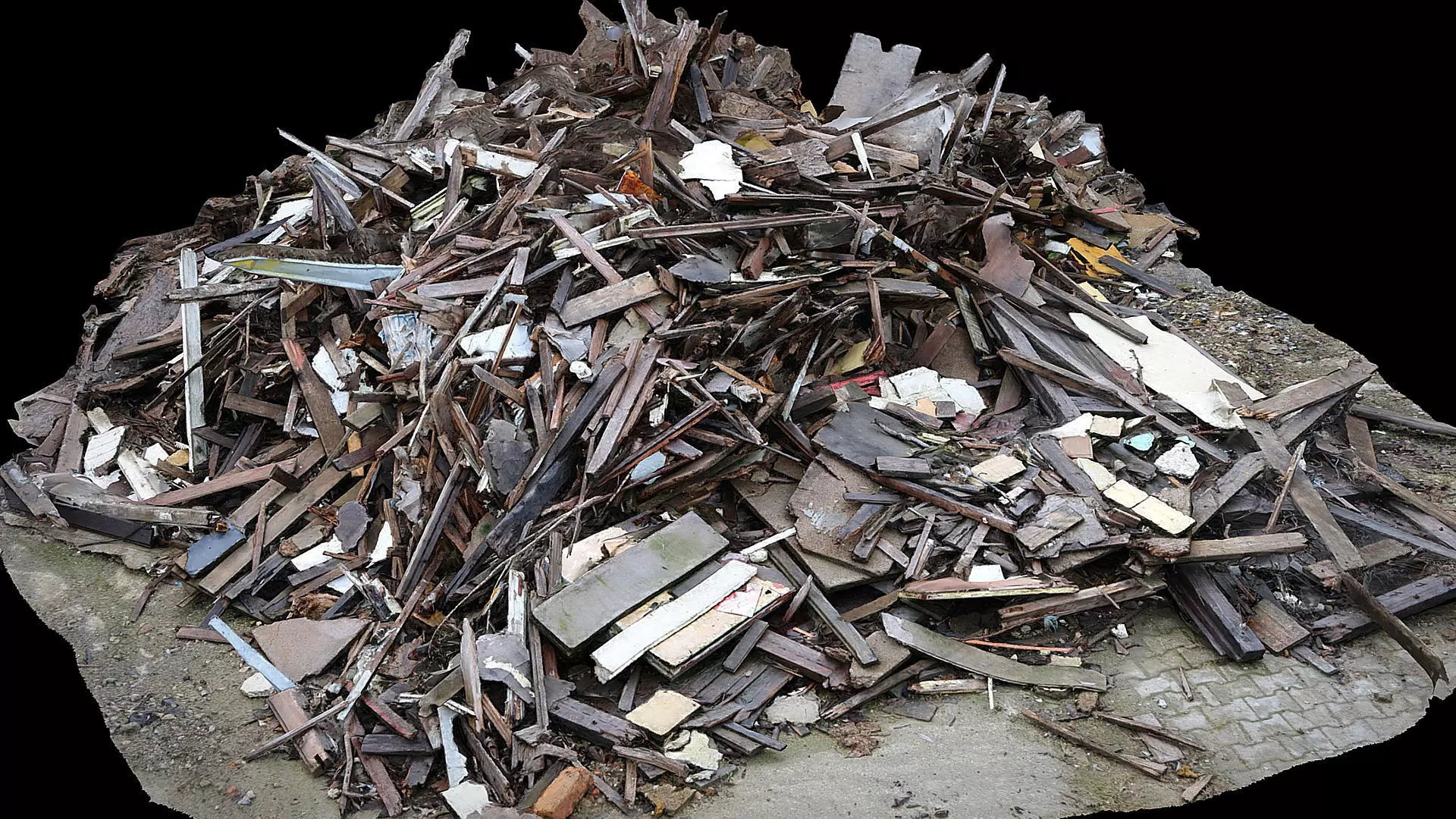 destroyed house wood debris pile photogrammetry Low-poly 3D model_0