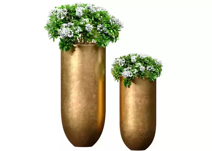 Bouquet Set of white flowers inclassic gold tall vase urn pot 