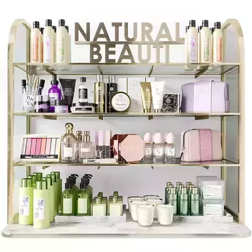 Rack with cosmetics and care products in a beauty salon
