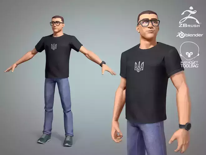 Cartoon male character Ukrainian volunteer game ready