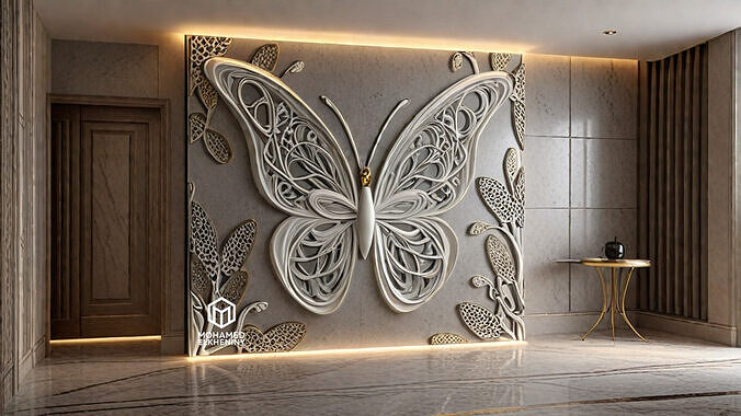 decor set wall panel butterfly relief mural CNC 11 3D print model