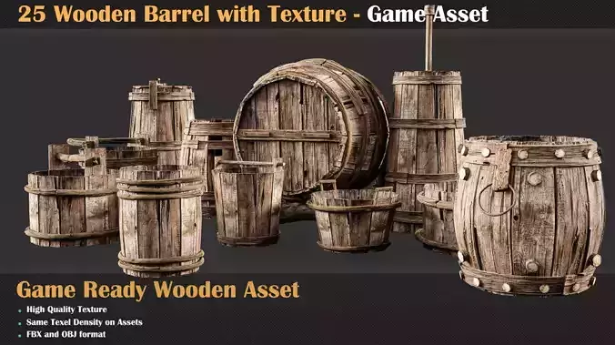 25 Wooden Barrel with Texture - Game Asset  