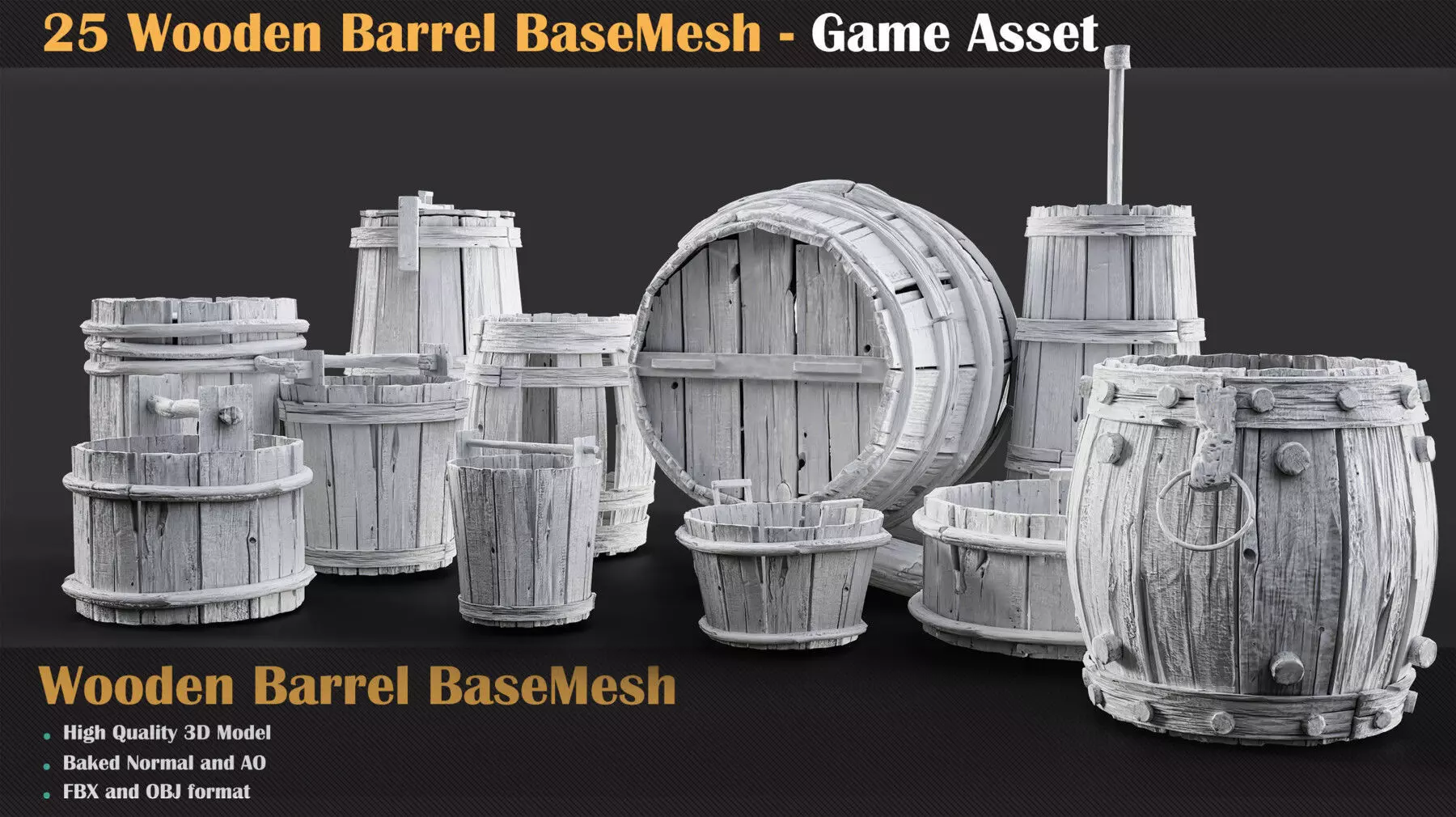 25 Wooden Barrel Collection Base Mesh 3D model_0
