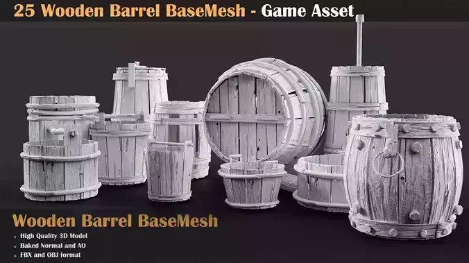 25 Wooden Barrel Collection Base Mesh  