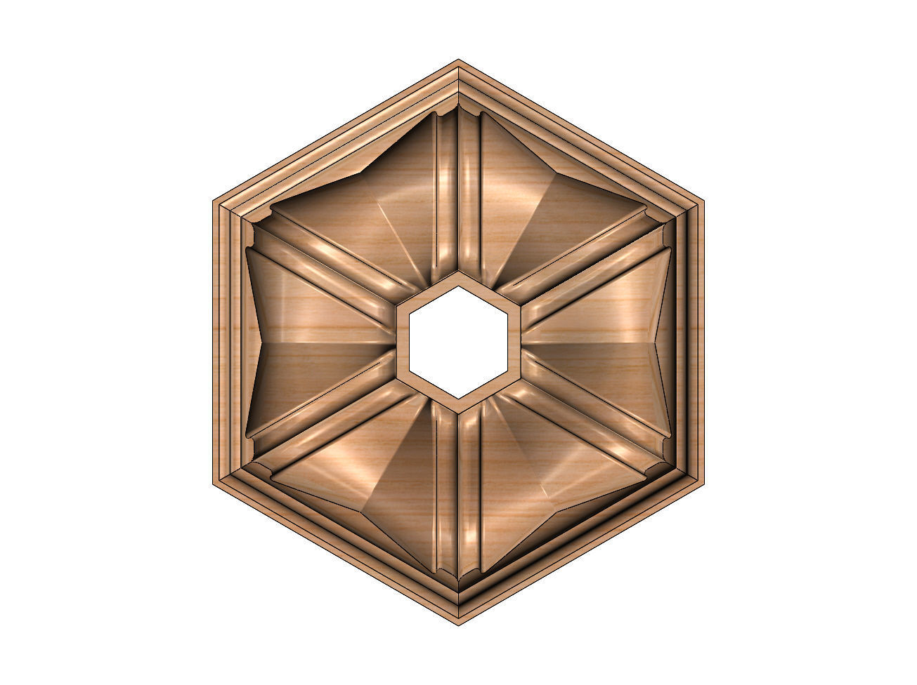 Faceted ribbed hexagonal curved ceiling medallion rosette relief 3D print model_10