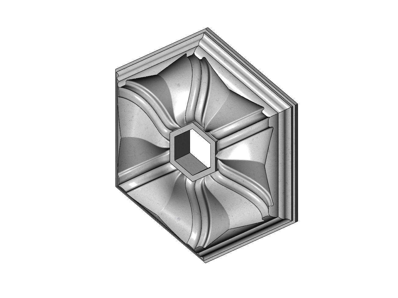 Faceted ribbed hexagonal curved ceiling medallion rosette relief 3D print model_9