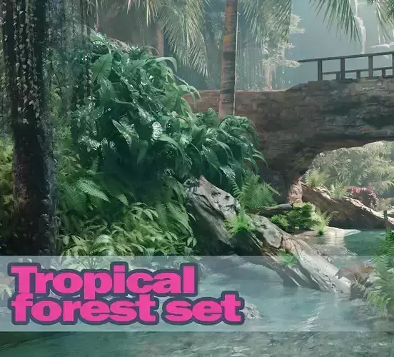 Tropical forest and river assets Low-poly 3D model