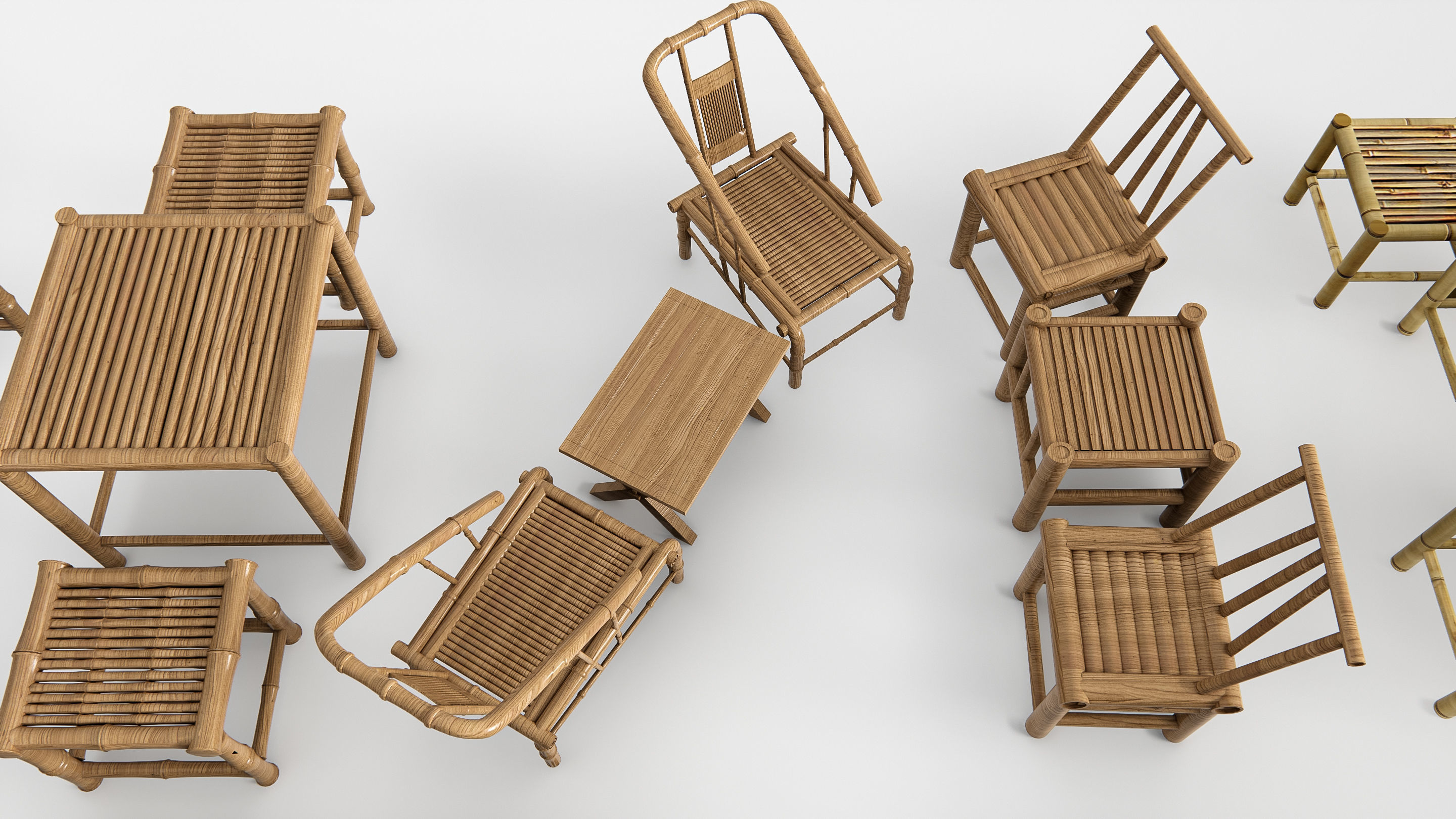 Bamboo table and chair 1 3D model_2