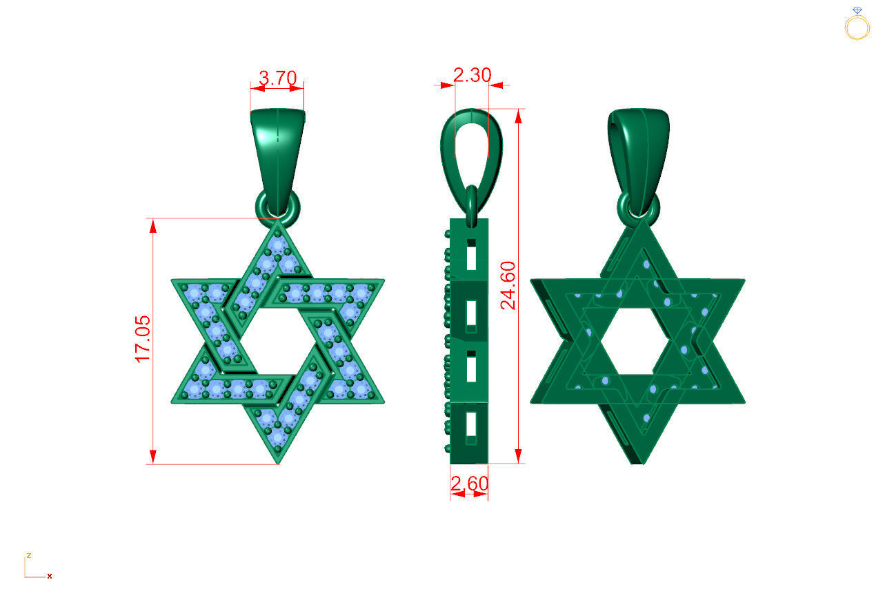 Star Of David Pendant with diamond 3D print model_3