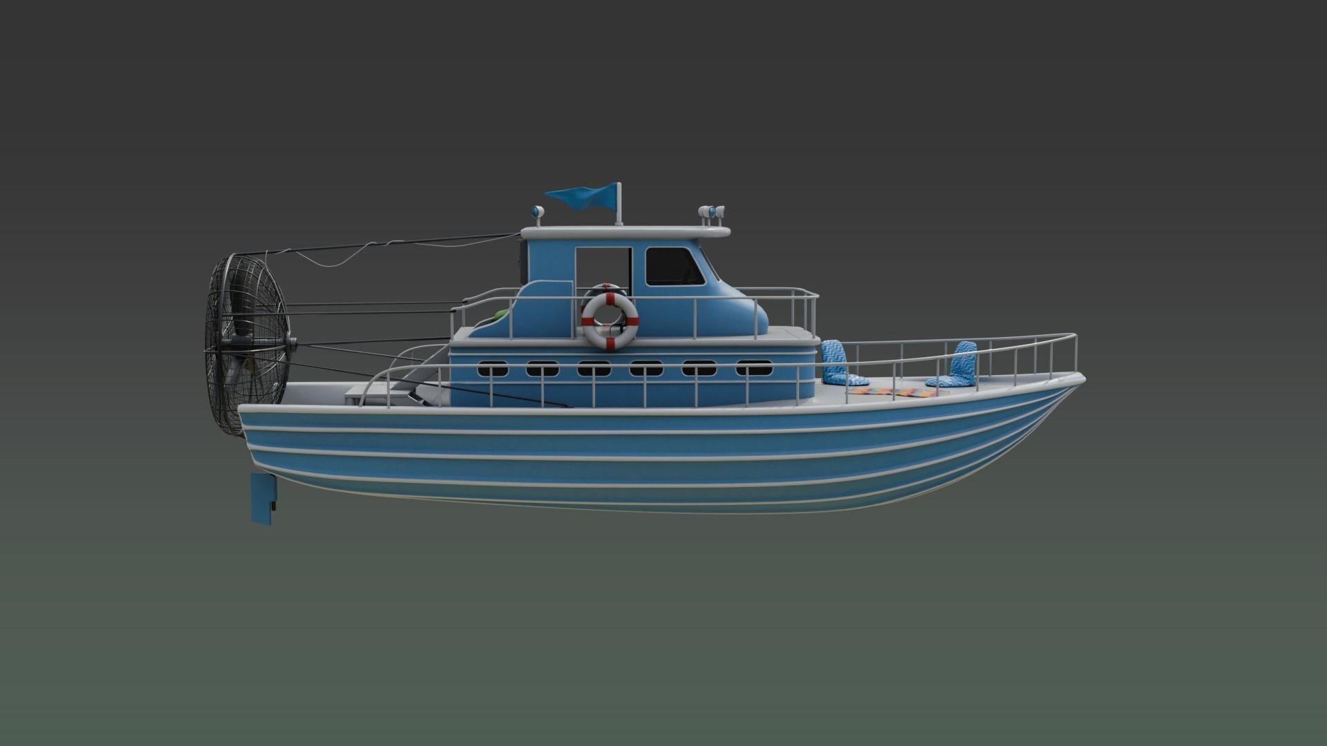 Antique Recreational Blue Airboat Low-poly 3D model_6