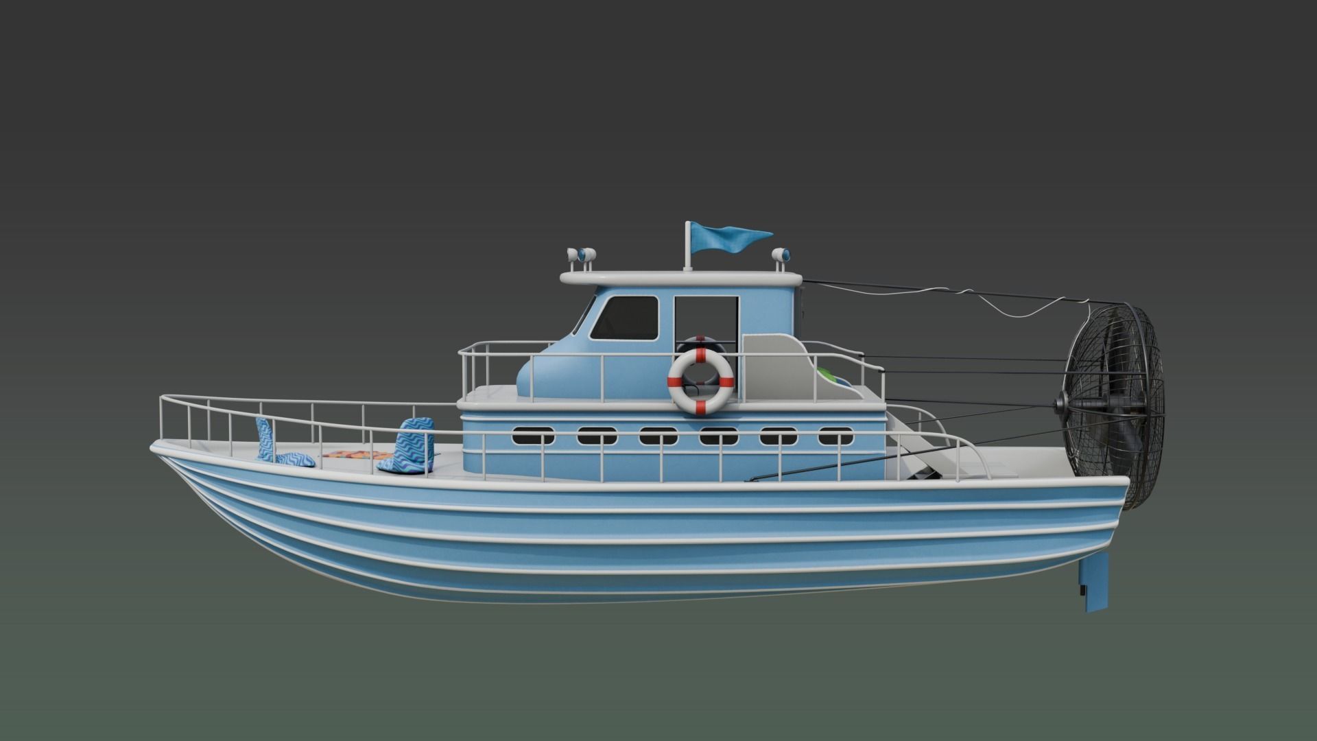 Antique Recreational Blue Airboat Low-poly 3D model_9