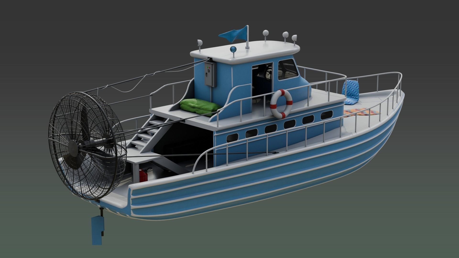 Antique Recreational Blue Airboat Low-poly 3D model_4