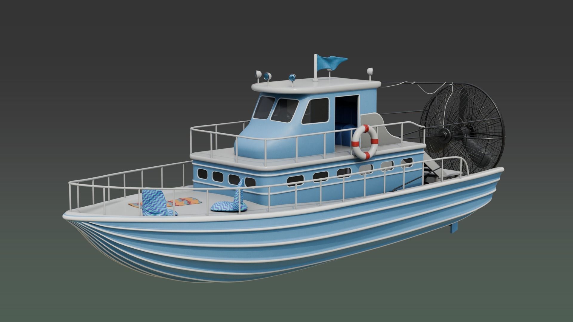 Antique Recreational Blue Airboat Low-poly 3D model_2