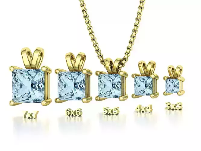 Princess Solitaire Pendants 7x7 6x6 5x5 4x4 3x3 Gems Necklaces 3D print model