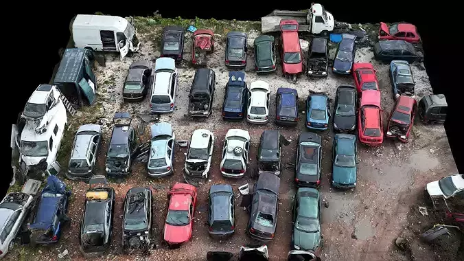 cars wreckage terrain closeup sector drone photogrammetry