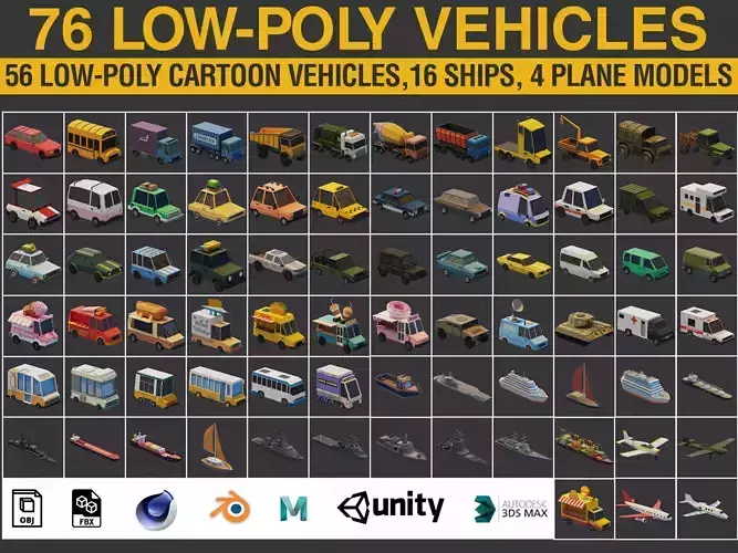Low Poly Cars Ships and Planes