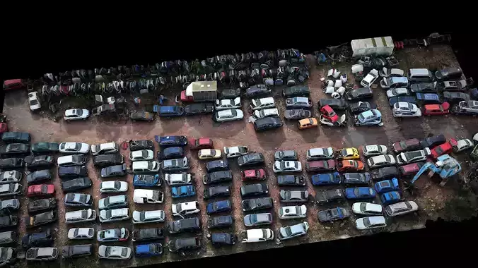 cars wreckage terrain large field drone photogrammetry