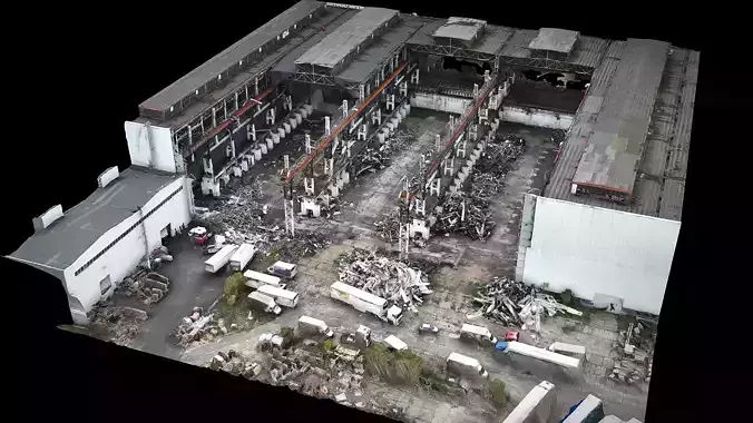 abandoned factory destroyed roof closeup drone photogrammetry