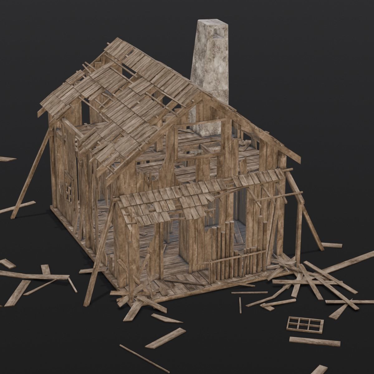 Broken Wooden House Low-poly 3D model_6