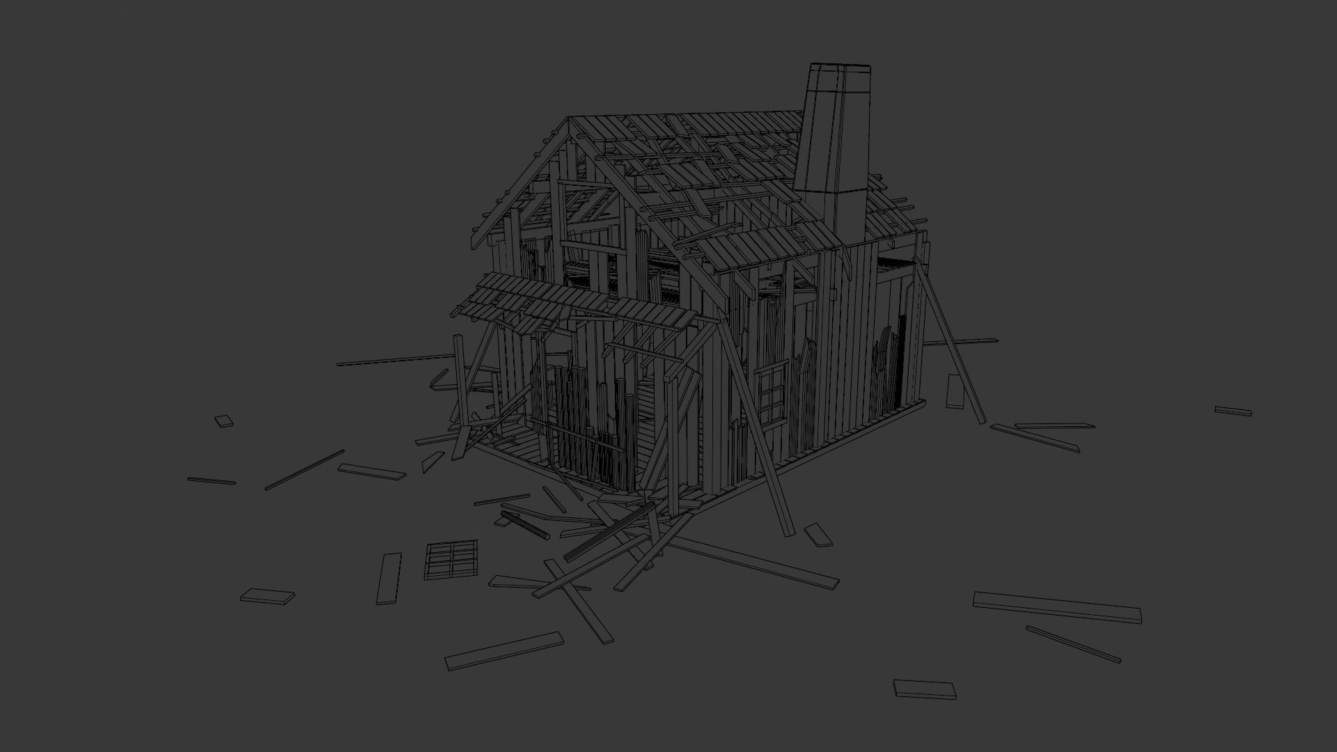 Broken Wooden House Low-poly 3D model_7