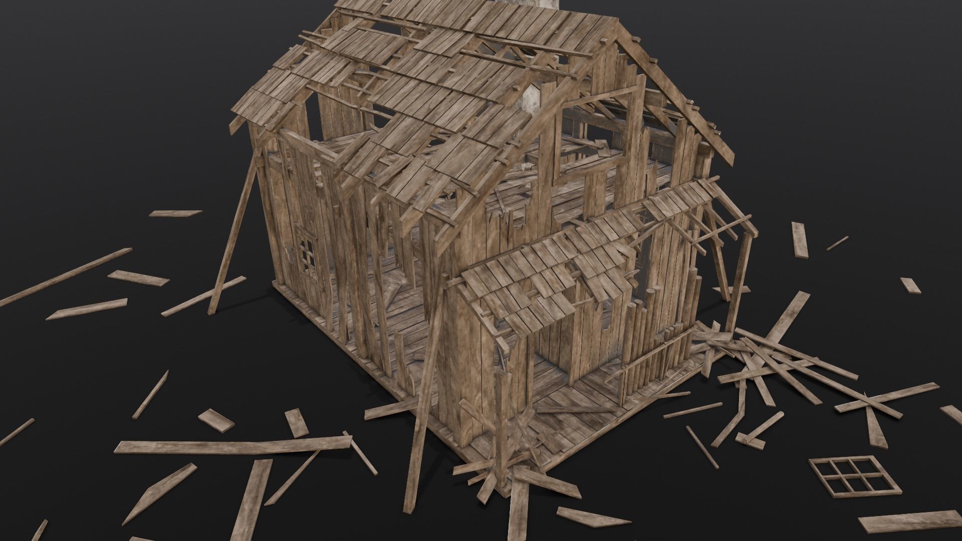 Broken Wooden House Low-poly 3D model_1
