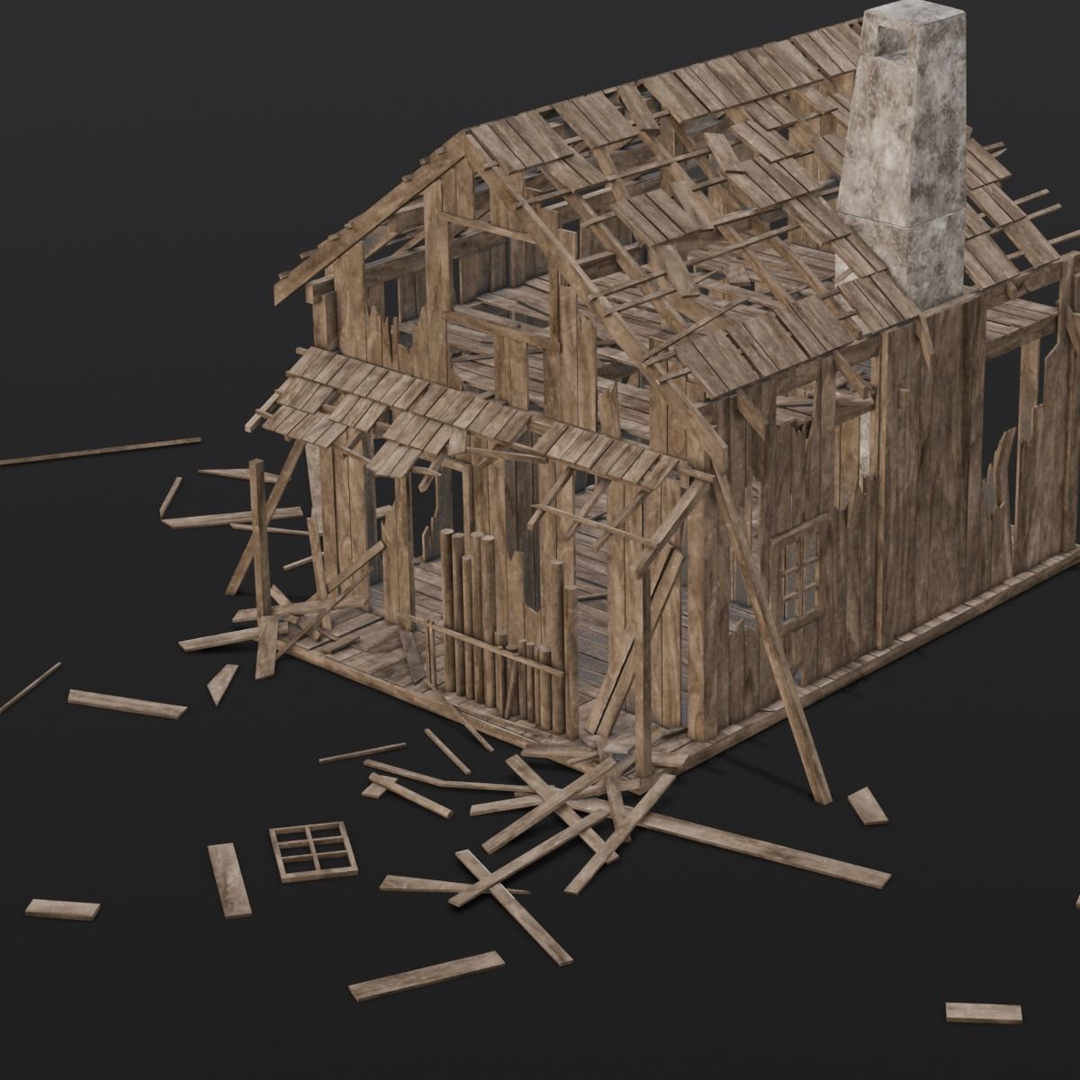 Broken Wooden House Low-poly 3D model_5