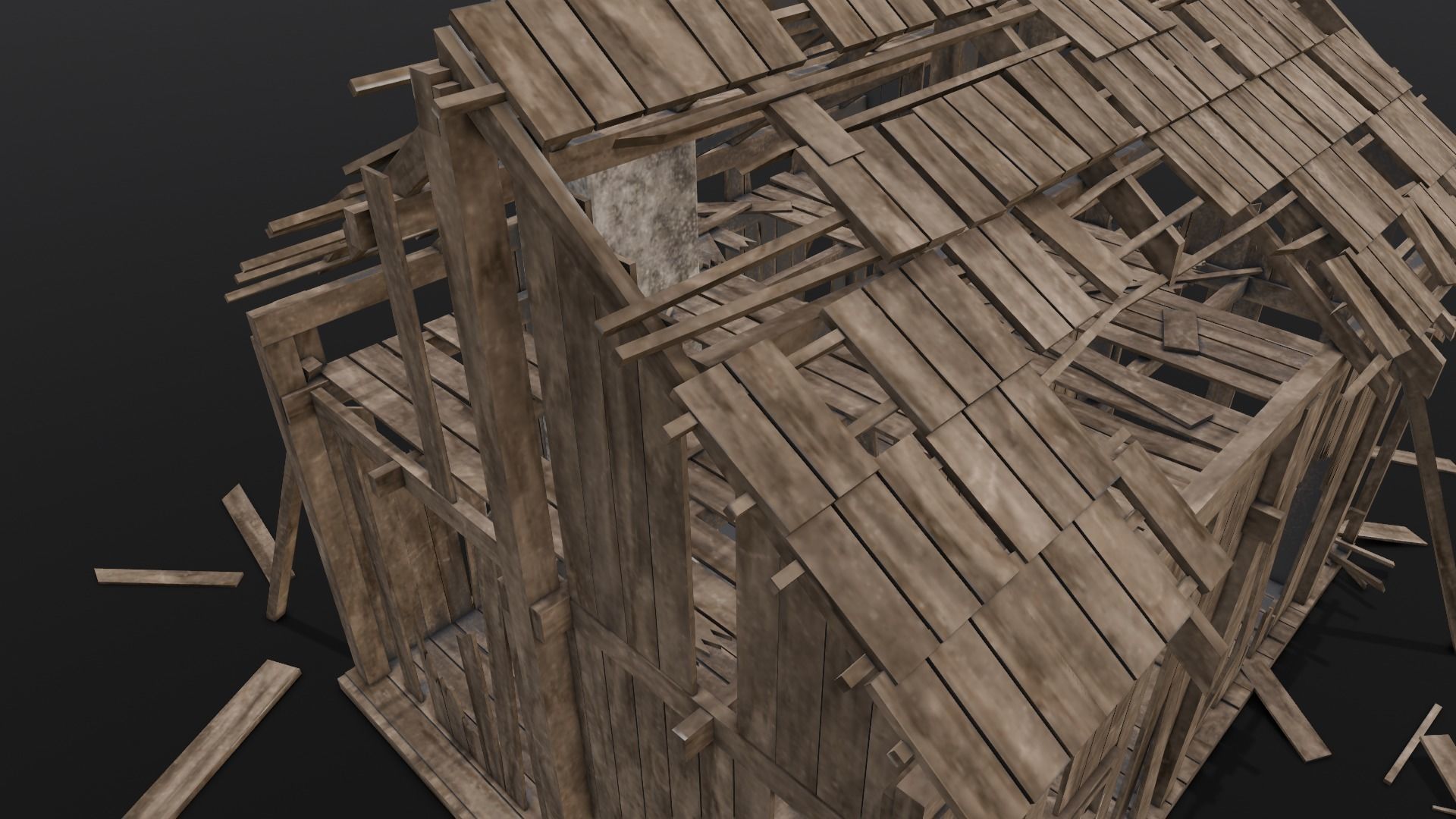 Broken Wooden House Low-poly 3D model_2