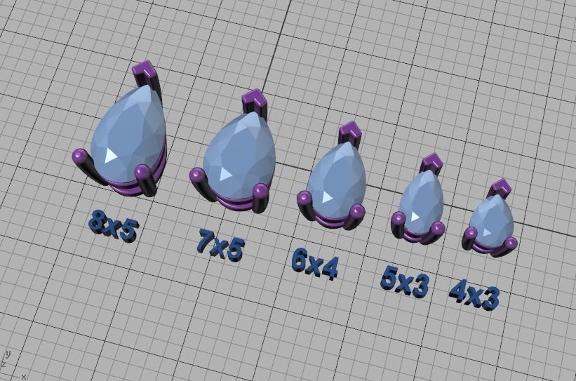 Pear Cut Gems 3prong Heads 8x5 7x5 6x4 5x3 4x3 Collection 3D print model_32