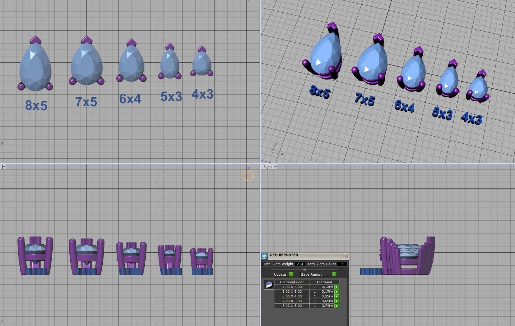 Pear Cut Gems 3prong Heads 8x5 7x5 6x4 5x3 4x3 Collection 3D print model_5